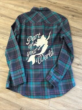 Disney Plaid Button-Down Shirt with Little Mermaid Graphic - Teal & Pink